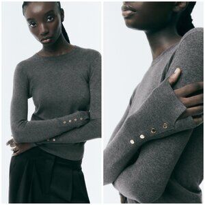 Zara Charcoal Grey Gold Button Crewneck Knit Sweater